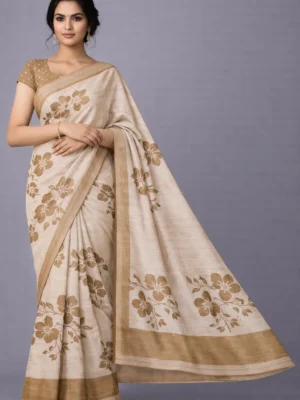 Beige Mehendi Green Floral Semi Tussar Saree