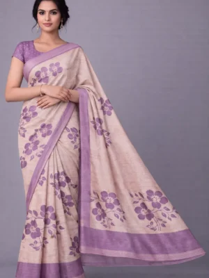 Beige Purple Floral Semi Tussar Saree