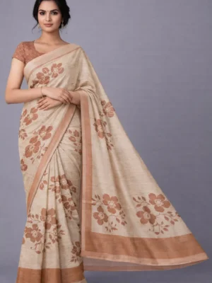 Beige Chickoo Floral Semi Tussar Saree