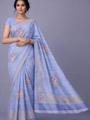 Powder Blue Semi Tussar Embroidered Saree