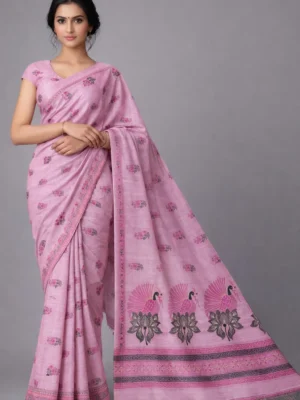 Pink Printed Semi Raw Silk Saree