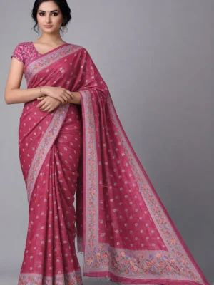 Deep Rose Pink Semi Tussar Embroidered Saree