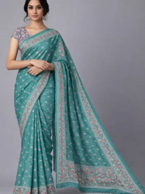 Teal Green Semi Tussar Embroidered Saree
