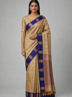 Chickoo & Royal Blue Semi Soft Silk Saree