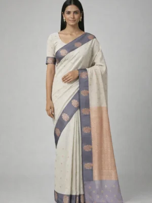 Off White & Grey Semi Soft Silk Saree