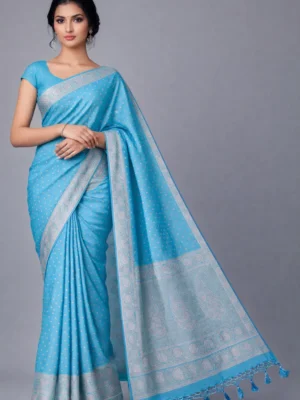 Aqua Blue Zari Butta Saree with Intricate Floral Border