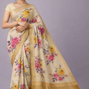 Golden Beige Floral Bloom Semi Tussar Silk Saree