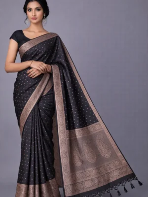 Midnight Black Zari Butta Saree with Bold Floral Pallu