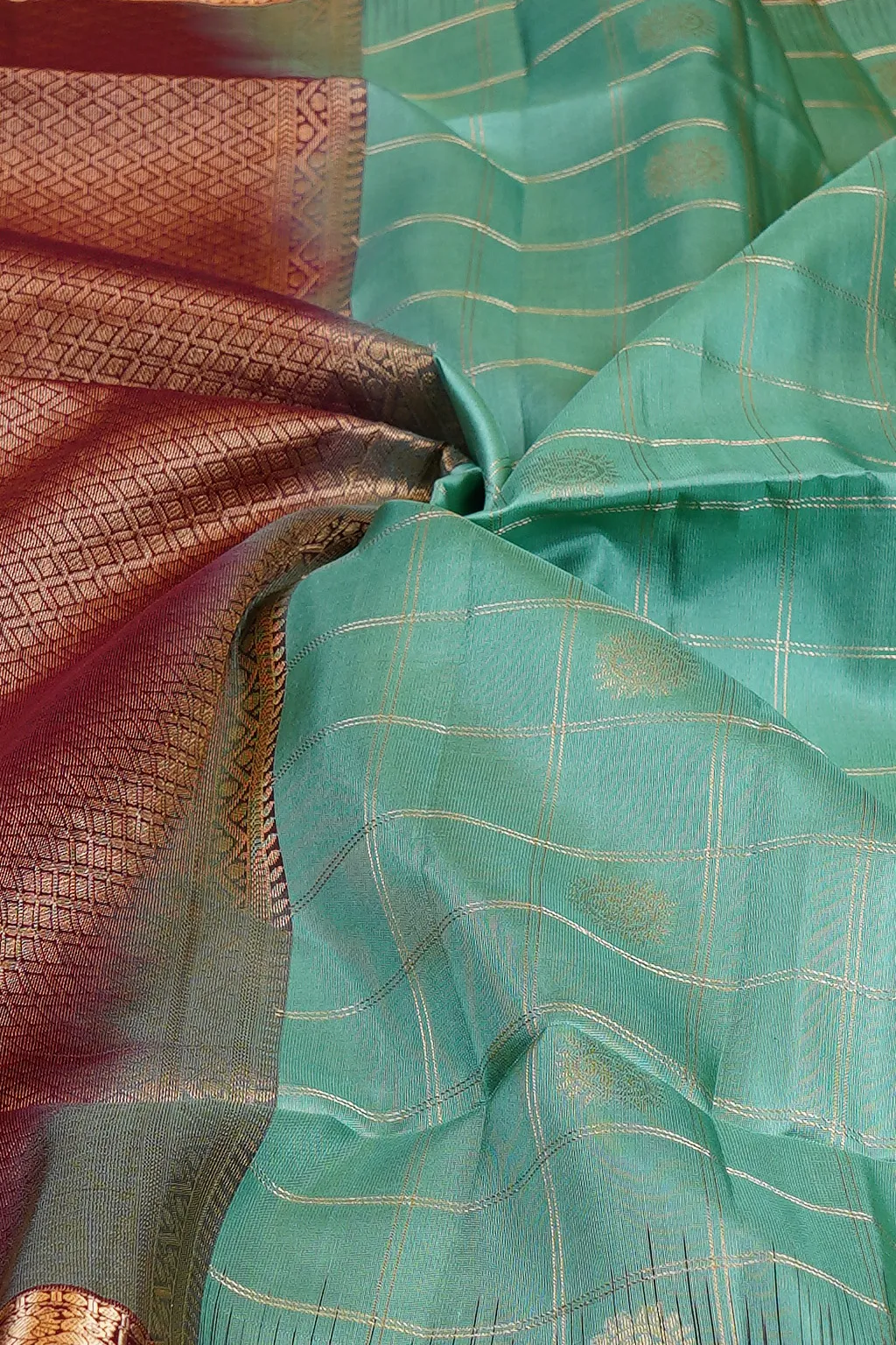 Aqua Green Checked Soft Silk Saree