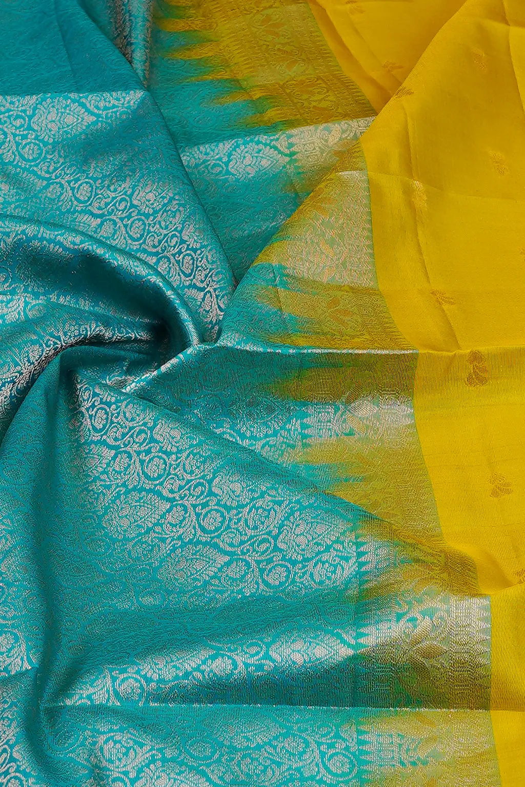 Sunshine Yellow Soft Silk Saree with Aqua Pallu