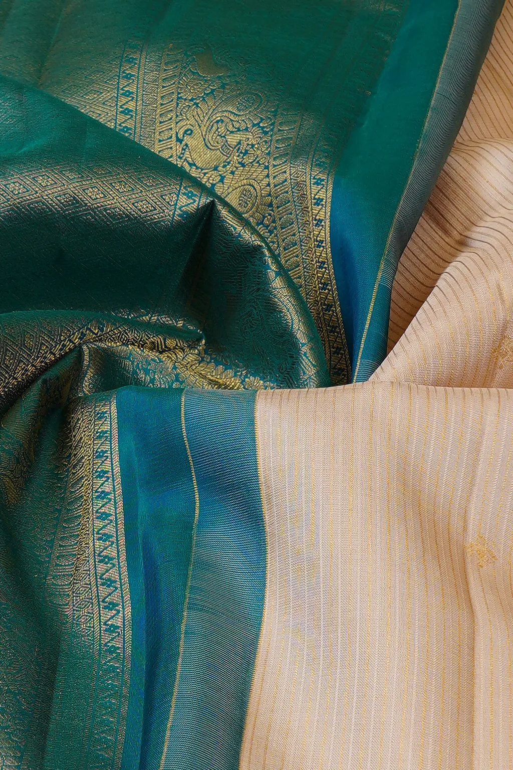 Ivory Peacock Blue Silk