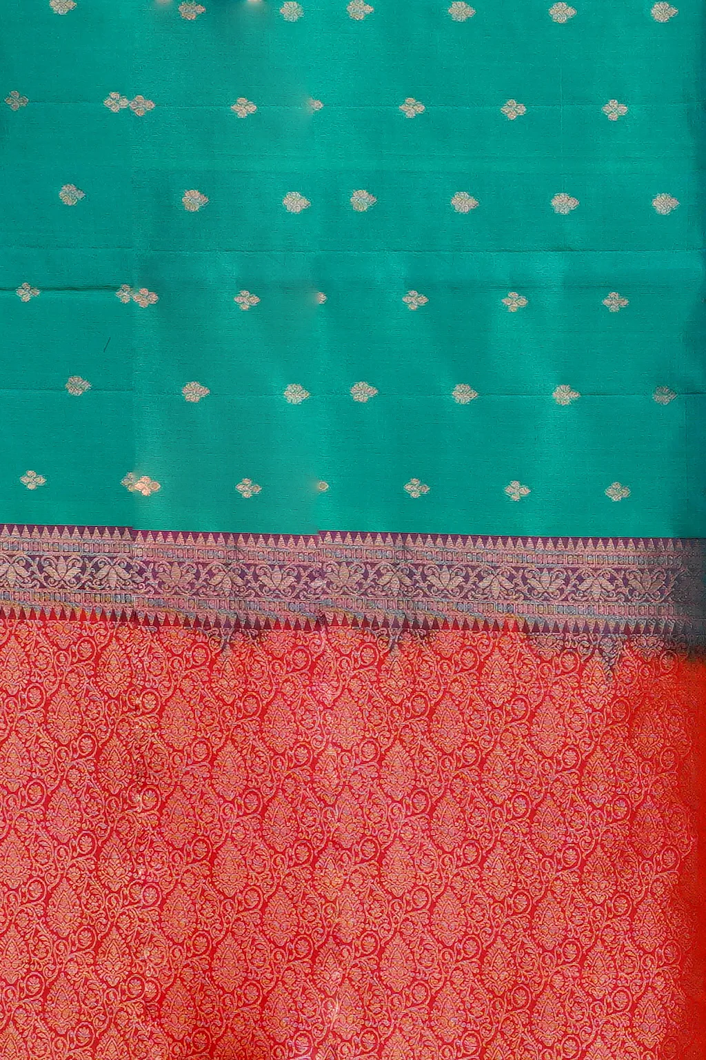 Teal Green Soft Silk Saree with Coral Brocade Pallu