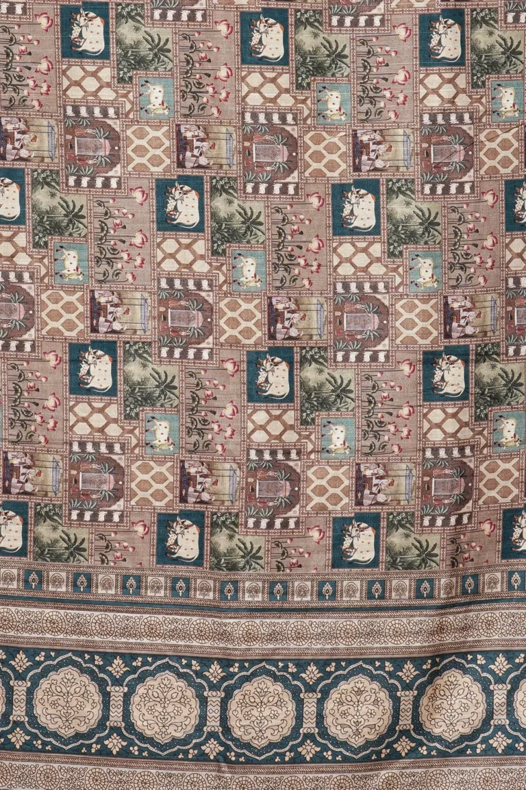 Beige Teal Heritage Patchwork Semi Tussar Saree