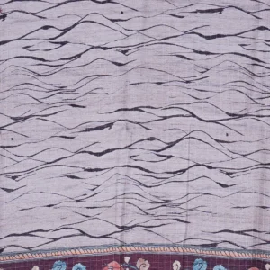 Mist grey semi tussar with wave lines and floral border.