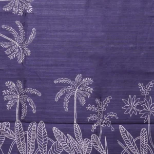 Deep indigo semi tussar with tropical palm sketch print and an elegant artistic border.