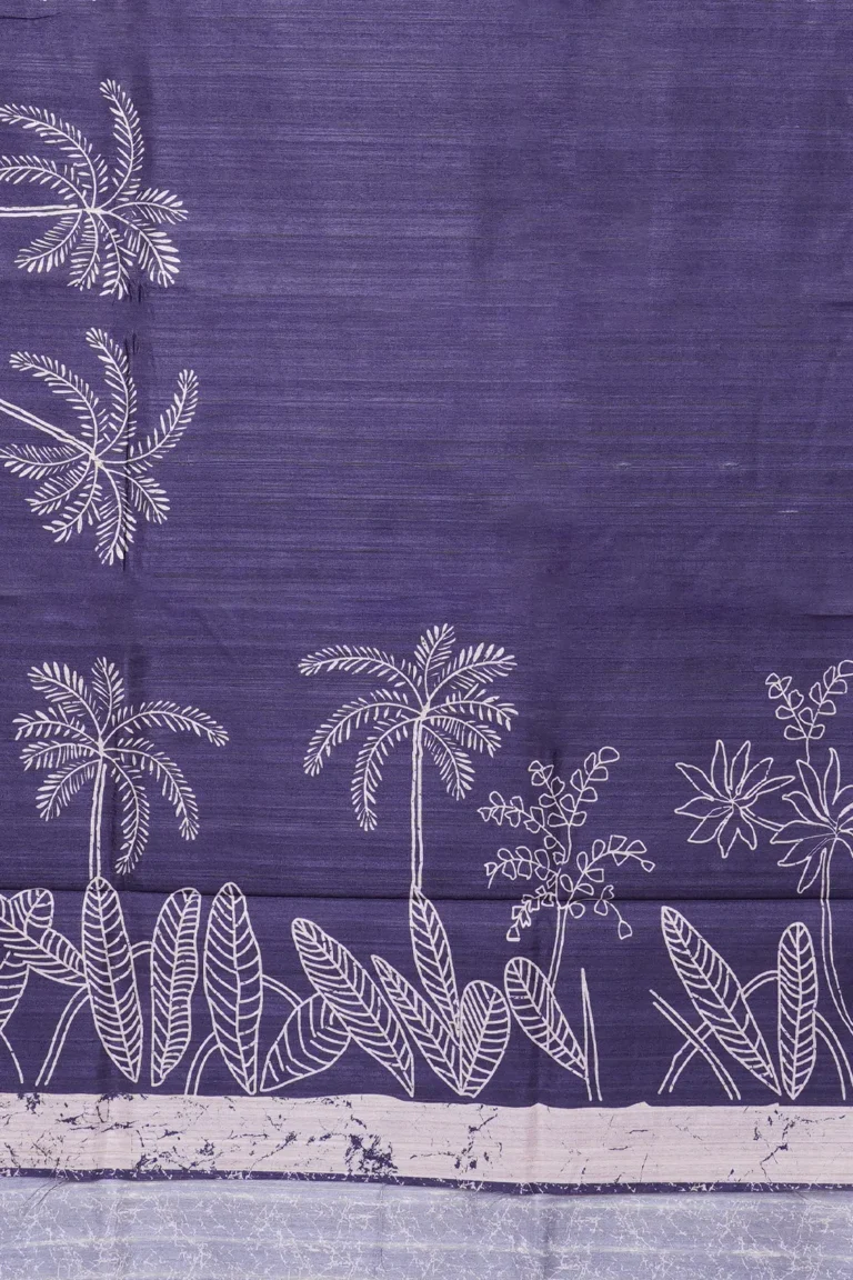 Deep indigo semi tussar with tropical palm sketch print and an elegant artistic border.