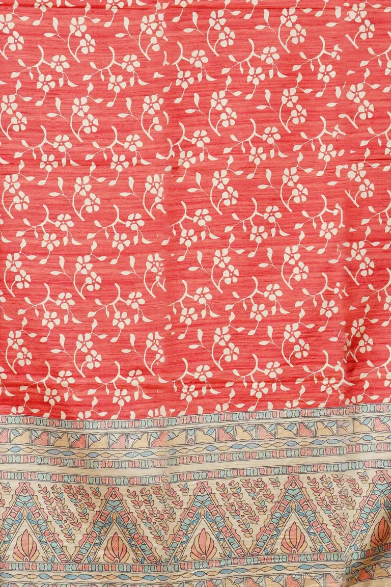 Coral Madhubani Border Saree