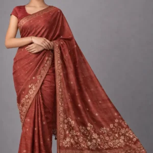 Rust Semi Tussar Embroidered Saree