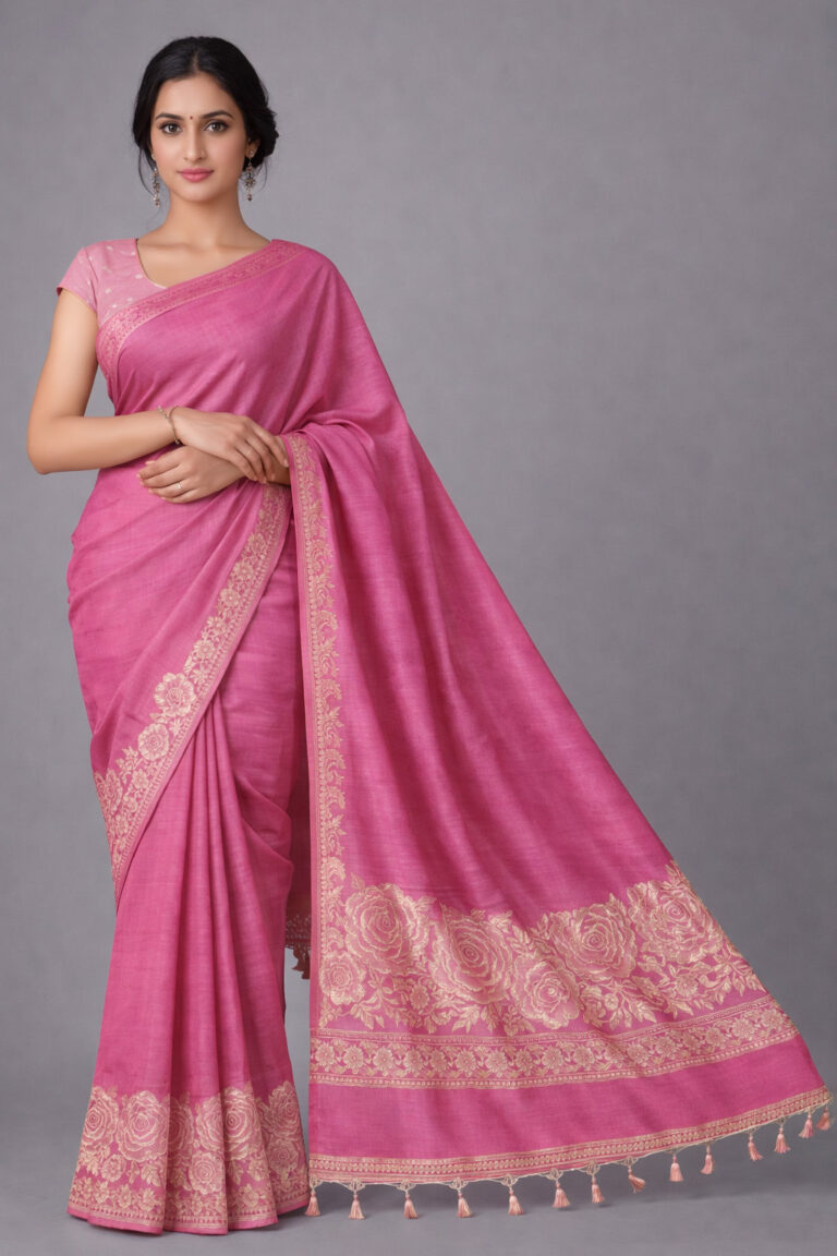Pink Semi Tussar Embroidered Saree