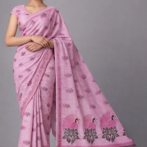 Pink Printed Semi Raw Silk Saree