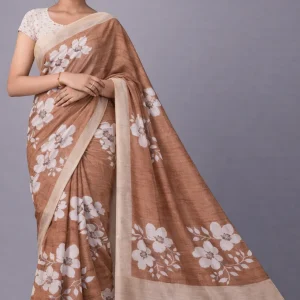 Mustard Cream Floral Semi Tussar Saree