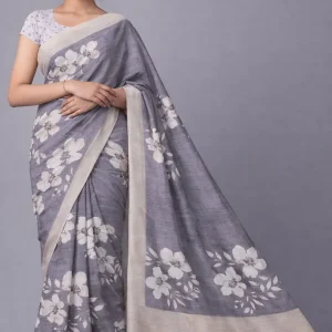 Ash Grey Cream Floral Semi Tussar Saree