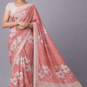 Brick Red Cream Floral Semi Tussar Saree