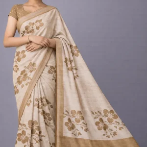 Beige Mehendi Green Floral Semi Tussar Saree
