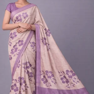 Beige Purple Floral Semi Tussar Saree
