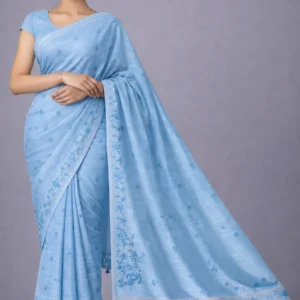 Sky Blue Semi Tussar Embroidered Saree