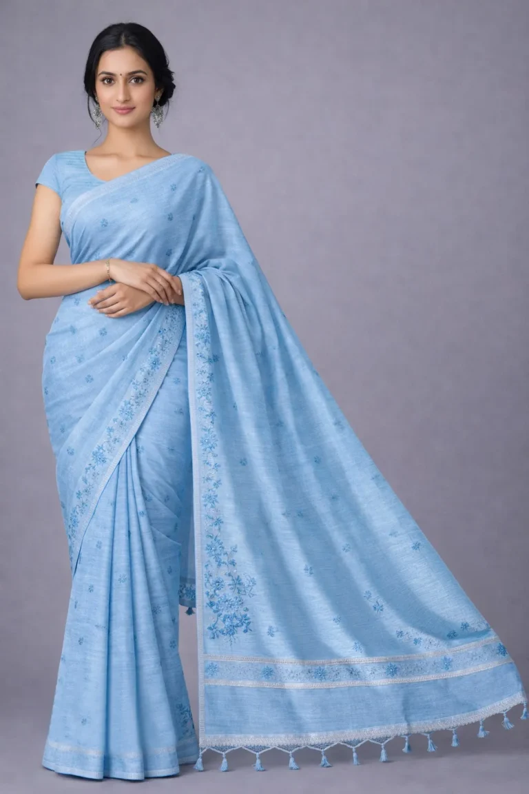 Sky Blue Semi Tussar Embroidered Saree