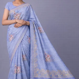 Powder Blue Semi Tussar Embroidered Saree