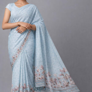 Pastel Blue Semi Tussar Embroidered Floral Saree