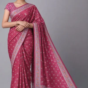 Deep Rose Pink Semi Tussar Embroidered Saree