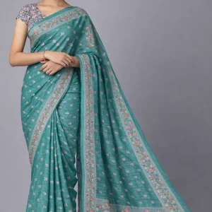 Teal Green Semi Tussar Embroidered Saree