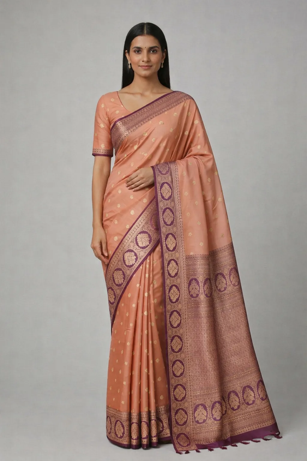 Peach & Wine Semi Soft Silk Saree – Soft Glow