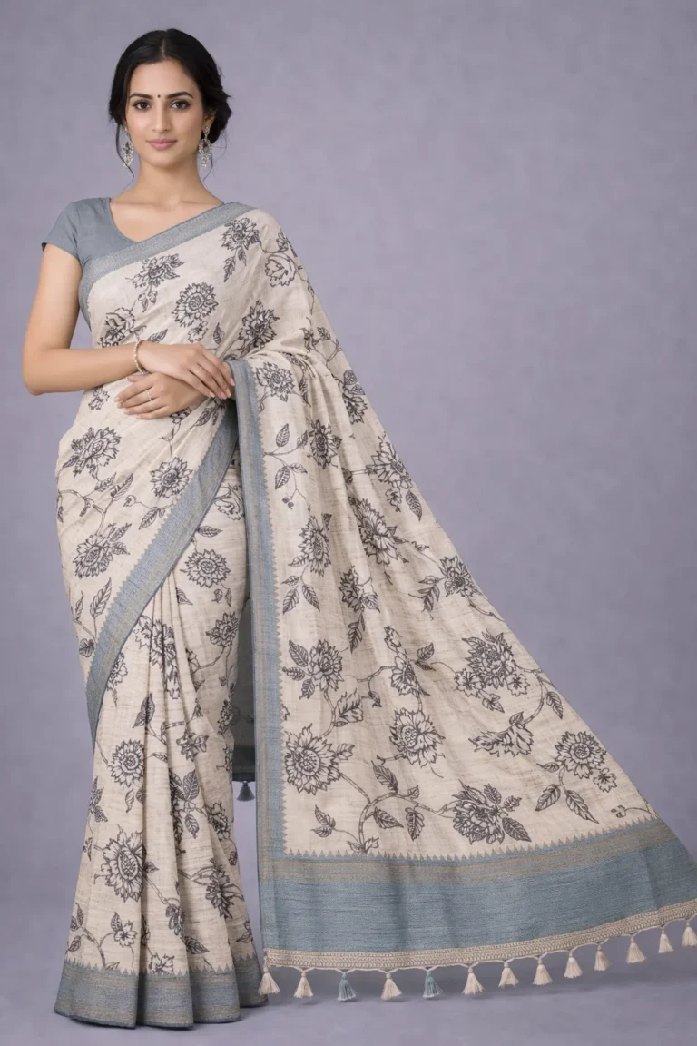 Mist Grey Semi Tussar Silk Saree