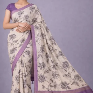 Monochrome florals with refined semi tussar silk elegance.
