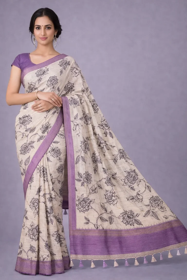 Monochrome florals with refined semi tussar silk elegance.