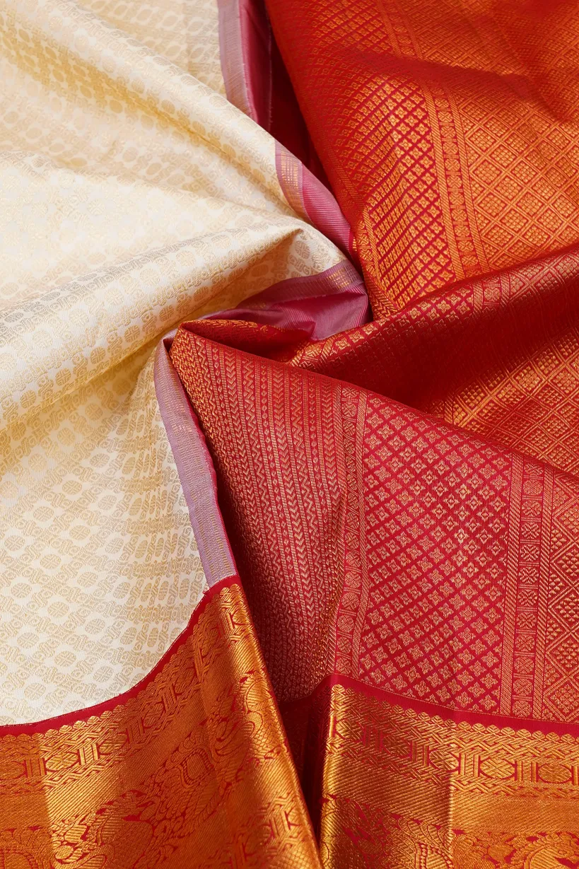 Ivory & Orange Kanchipuram Silk Saree - Image 2