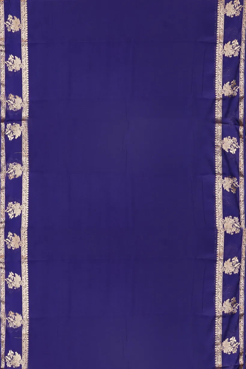 Royal Blue Semi Mysore Silk Saree with Floral Zari Border - Image 2