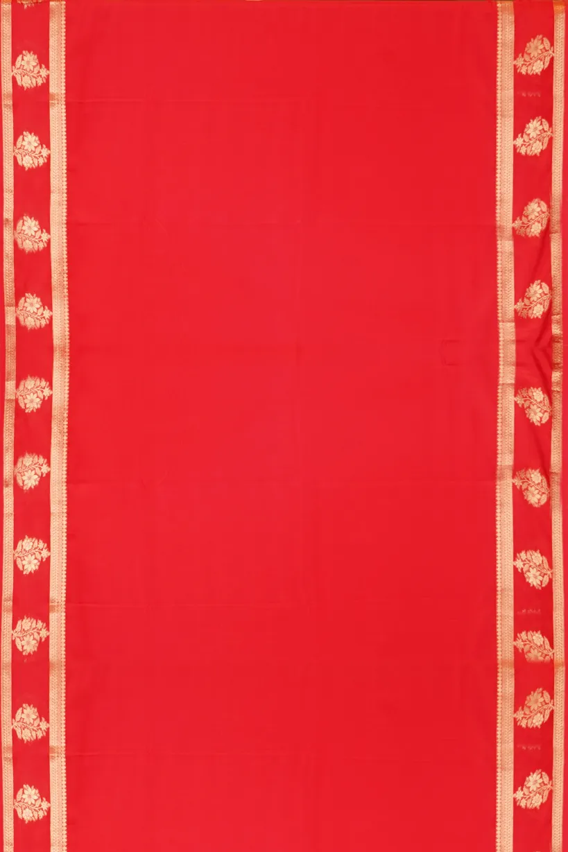 Vermilion Red Semi Mysore Silk Saree with Floral Zari Border - Image 2