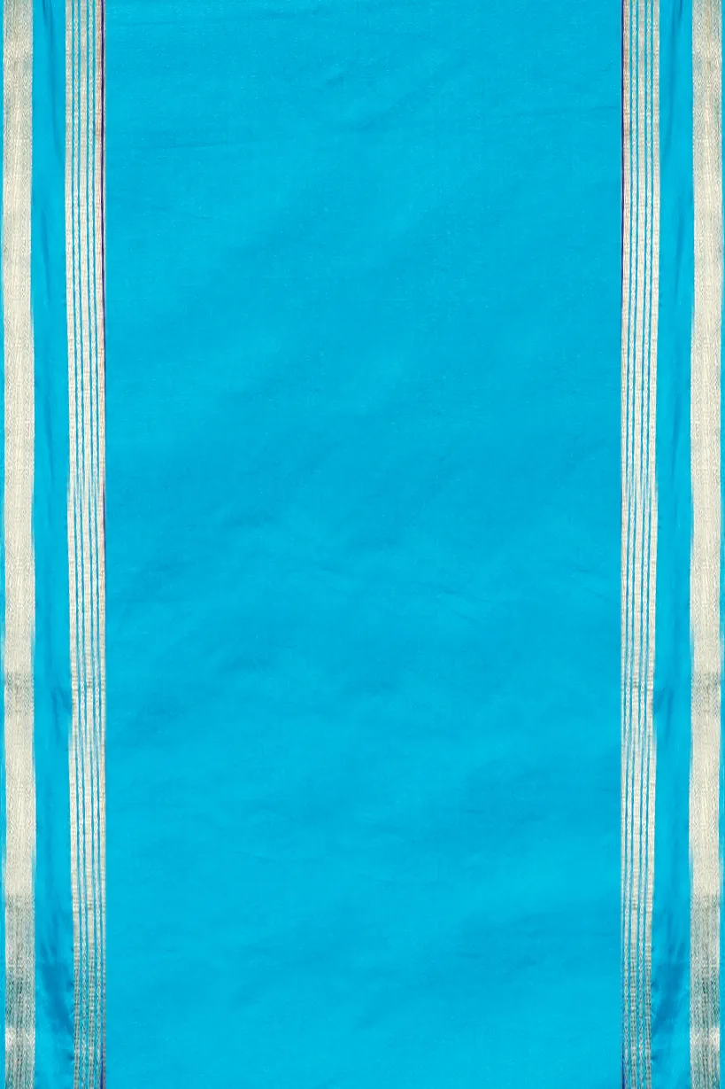 Royal Blue Semi Mysore Silk Saree with Aqua Blue Contrast Border - Image 2