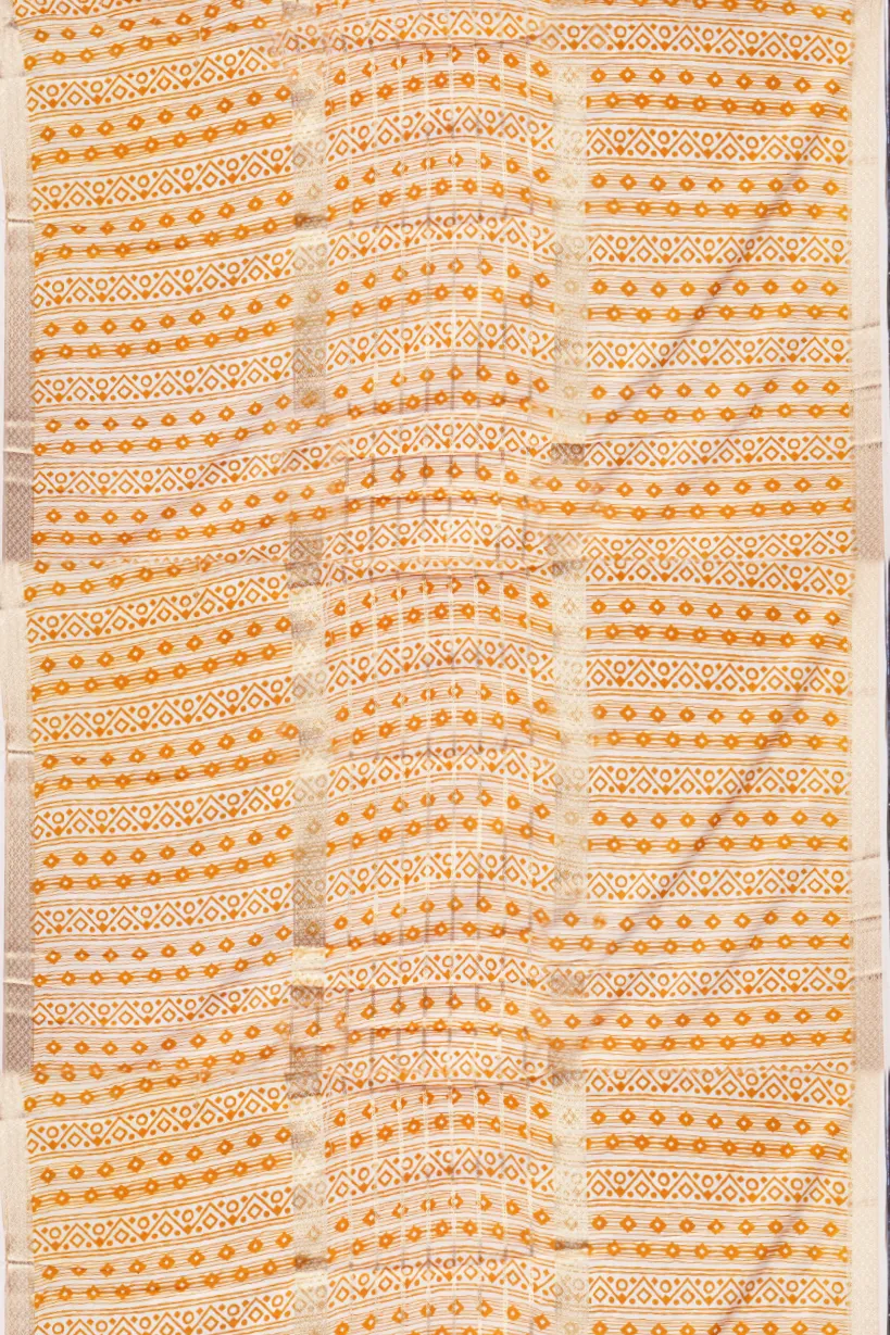 Mustard Printed Linen Saree with Ivory Border - Image 2