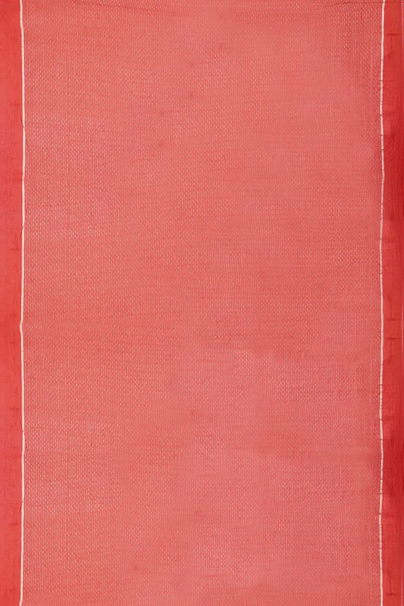 Coral Pink Semi Raw Saree with Floral Woven Border - Image 2