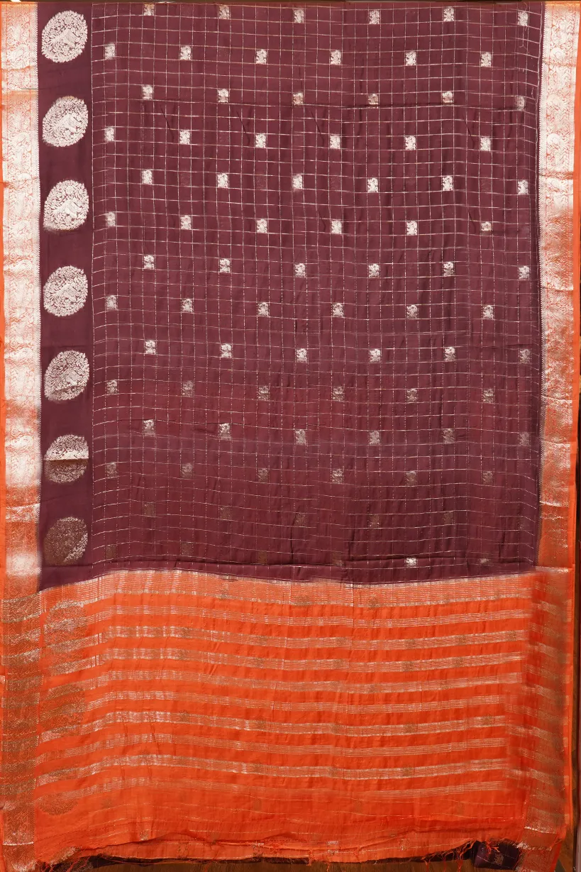 Coffee Brown Semi Raw Silk Saree with Orange Zari Border