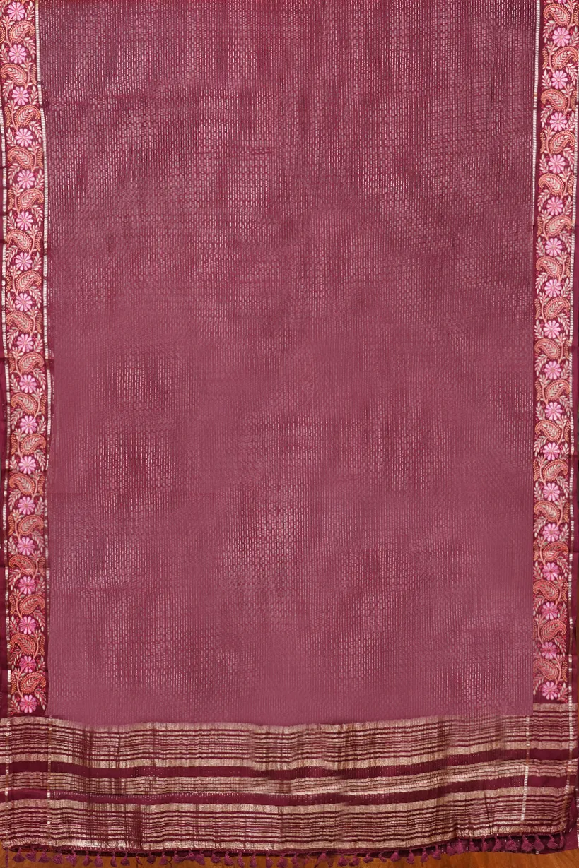 Mauve Semi Raw Silk Saree with Floral Woven Border