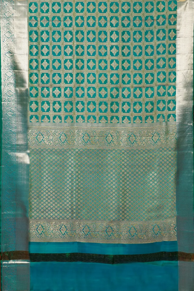 Turquoise Gridwork Silk Saree