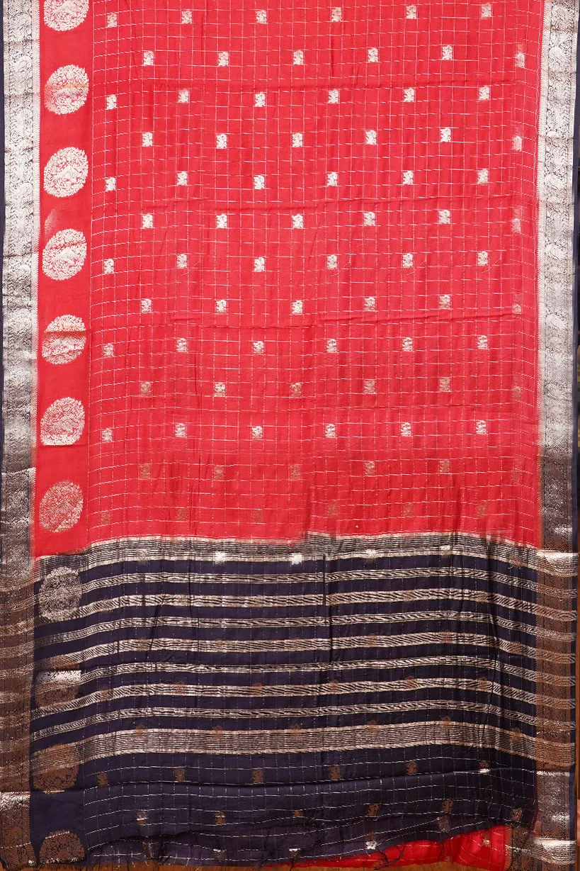 Coral Red Semi Raw Silk Saree with Navy Blue Zari Border