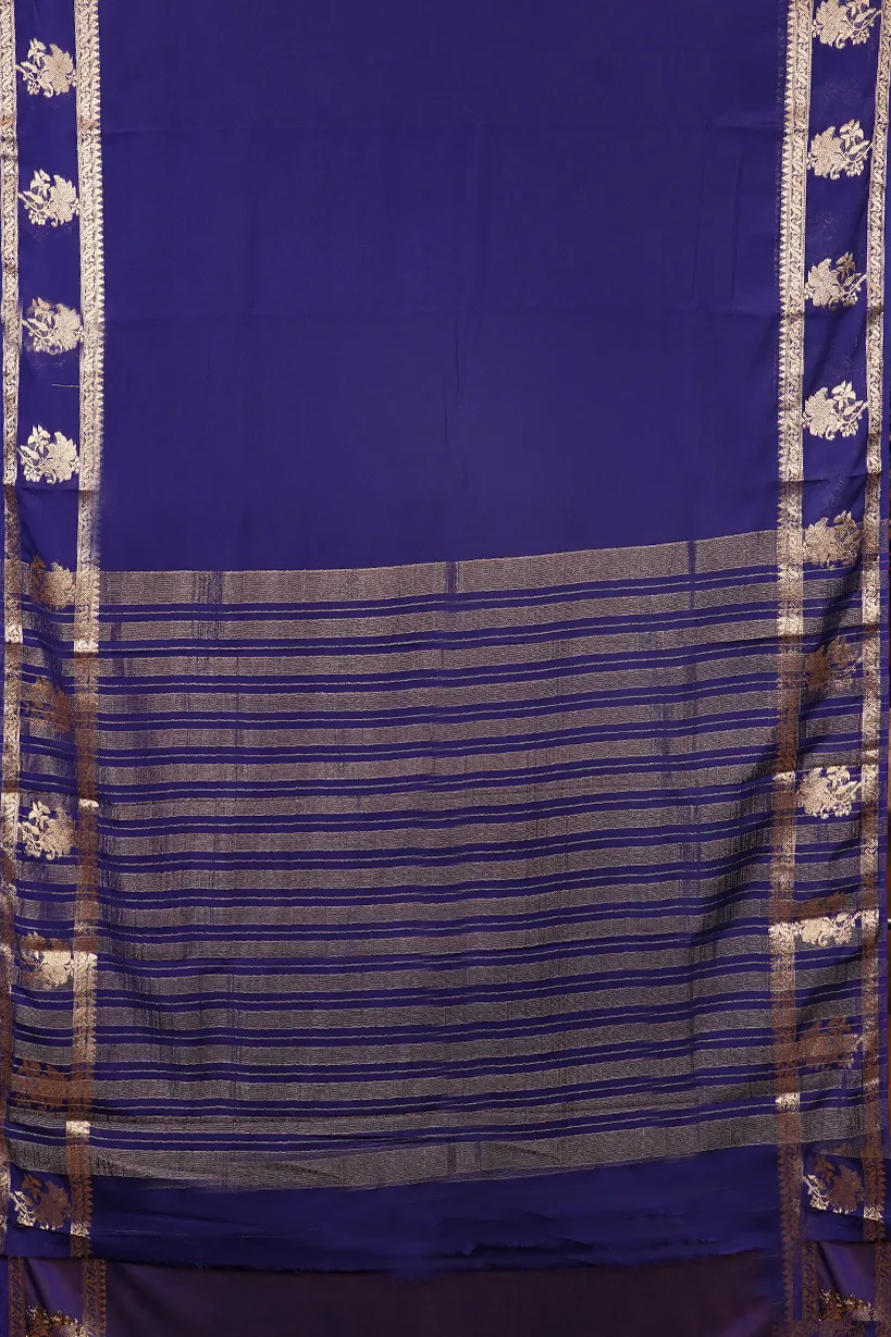 Royal Blue Semi Mysore Silk Saree with Floral Zari Border